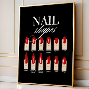 Op de afbeelding: Een zwart ingelijste poster met de witte tekst "NAIL shapes". De poster toont illustraties van verschillende nagelvormen, waaronder amandel, vierkant en stiletto, elk met rode nagellak.