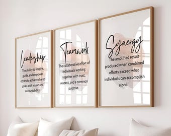 Conjunto de 3 pôsteres motivacionais para decoração de escritório, com foco em sinergia, liderança e trabalho em equipe | Decoração neutra para escritório (Download digital)