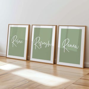 Relax Refresh Renew Spa Art: Olive Green Bathroom Decor (Digital Download)
