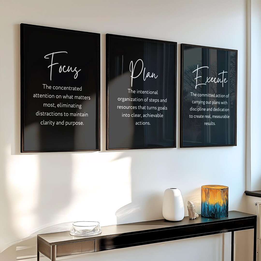 Motivational Office Wall Art Printable Set of 3: Focus, Plan, Execute ...
