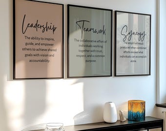 Decoración de oficina neutra: liderazgo, trabajo en equipo, sinergia y motivación. Juego de 3 impresiones artísticas para pared (descarga digital).