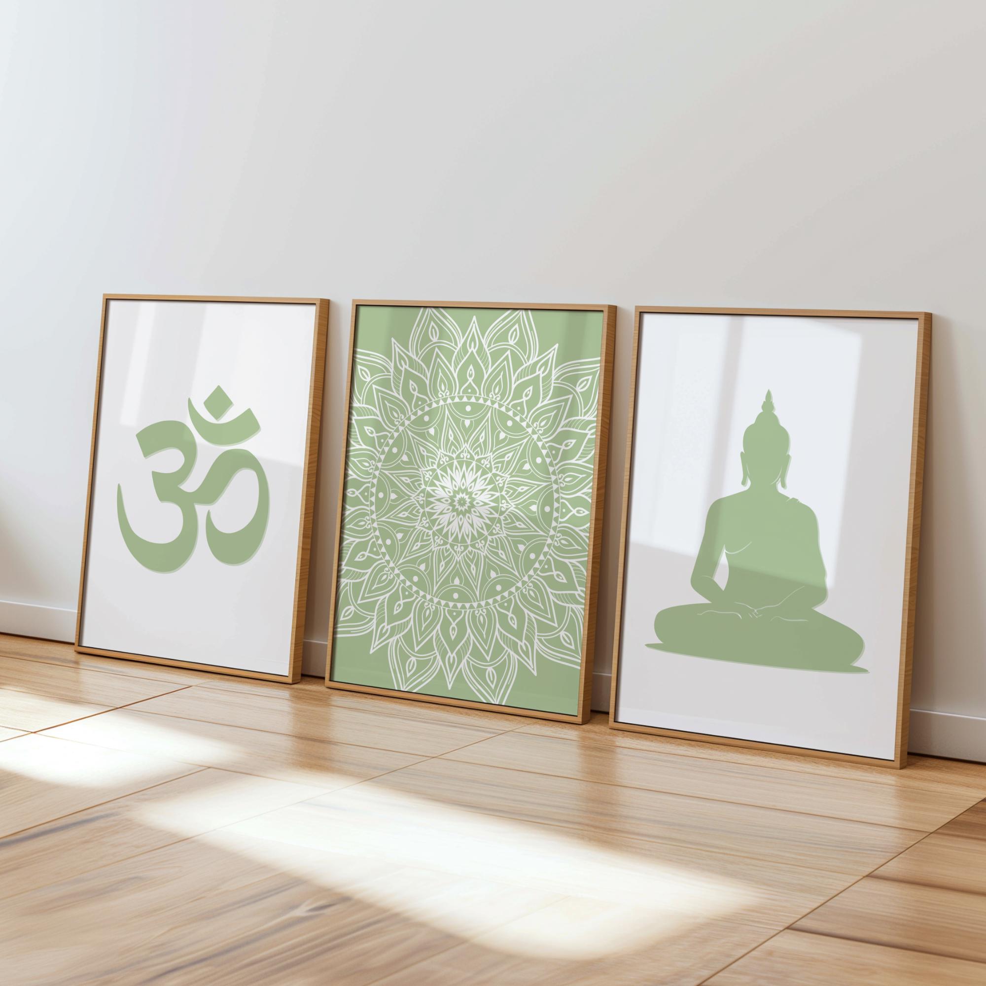 Sage Green Mandala Wall Art: Om Meditation Print, Yoga Studio