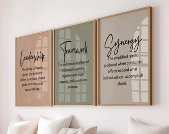 Neutral Office Decor, Leadership, Teamwork, Synergy, Motivational Office Wall Art Print Set of 3 (Digital Download)