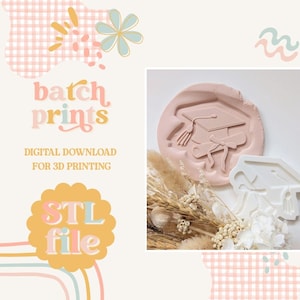 May include: A pink graduation cap and diploma design, with the text "batch prints" and "STL file". The image also includes a 3D printing mold of the design and dried flowers. Digital download for 3D printing.