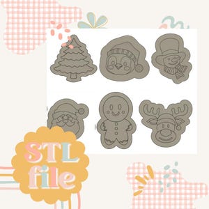 May include: A set of six Christmas cookie cutters in the shape of a Christmas tree, penguin, snowman, gingerbread man, reindeer, and Santa Claus. The cutters are made of metal and have a grey finish. The words "STL file" are written in pink and blue letters on a yellow background.
