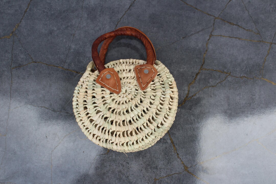 Handwoven Small Moroccan Round Straw Bag With Leather Handles • Boho ...