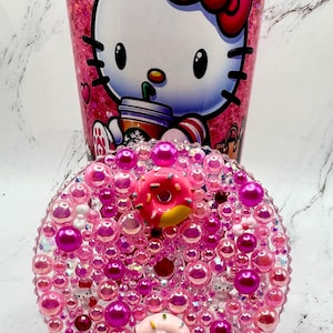 24oz Snow globe Tumbler|Acrylic Tumbler|Kitty and  Donut Themed|Resin and Rhinestone lid with Straw| Tumblers | Cold only| Suspended Flow
