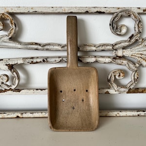 Antique treen dairy curd cheese spoon - antique pierced wooden spoon - primitive dairy spoon
