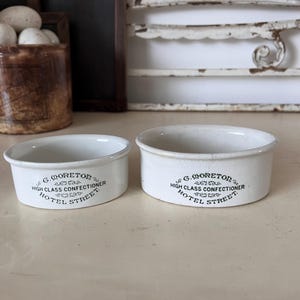 1x RARE antique ironstone oval potted meat pot - G. Moreton, High Class Confectioner - English advertising pot