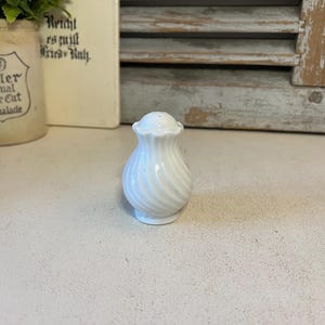 May include: A small, white ceramic salt shaker with a spiral design. The shaker has a ruffled top and is set against a neutral background. The overall aesthetic is vintage and decorative.