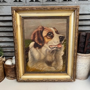 Antique oil painting on canvas of a St Bernard dog