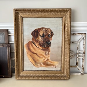 Antique oil painting on canvas of a Mastiff dog