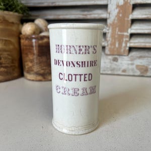 RARE antique white ironstone cylinder clotted cream crock with purple transfer - Horners clotted cream pot
