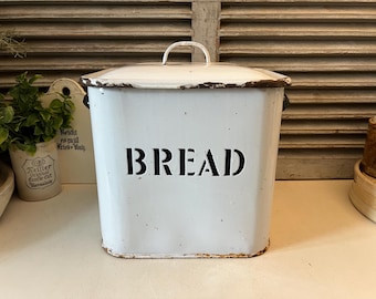 Contenitore per il pane vintage in smalto - smalto bianco con scritte nere - contenitore rustico da cucina in stile rustico