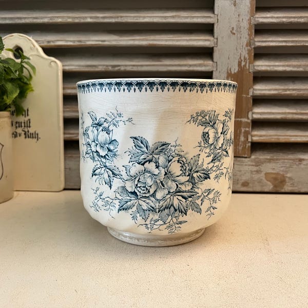 Large Antique Ironstone Planter – “Stanley” – Teal Transferware Floral Pot