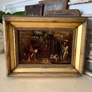 Small antique oil painting of terrier dogs & guinea pigs - Winsor Newton canvas
