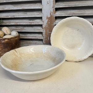 Set of 2 antique white ironstone bowls with embossed rim - ironstone fruit bowl