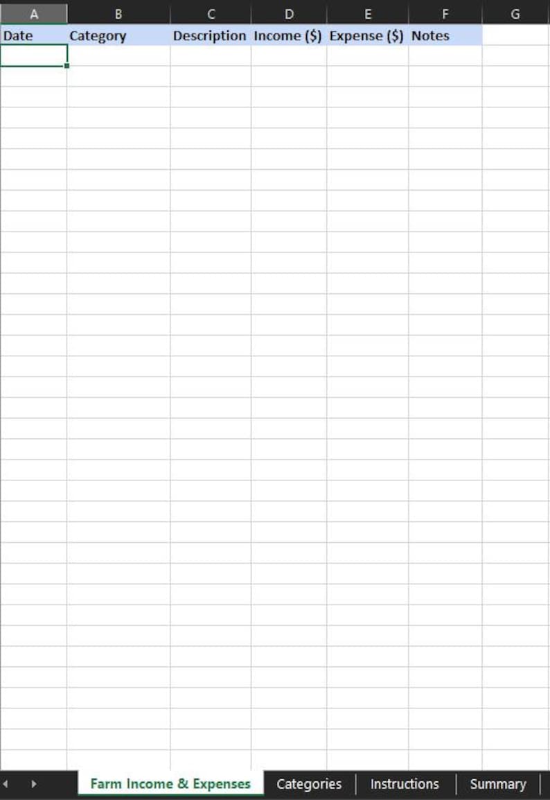 May include: A spreadsheet interface with column headers: Date, Category, Description, Income ($), Expense ($), and Notes. The bottom tab reads "Farm Income & Expenses". The spreadsheet is for tracking financial data.