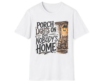Camiseta con las luces del porche encendidas pero no hay nadie en casa / Diseño de mecedora rústica para el porche