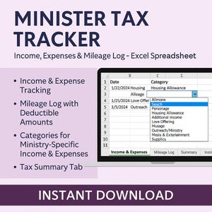 Puede incluir: Una hoja de cálculo digital de Excel titulada "Minister Tax Tracker" para el seguimiento de ingresos, gastos y kilometraje. La pantalla muestra una hoja de cálculo de muestra con categorías y un menú desplegable. El texto incluye "Income & Expense Tracking" y "Instant Download."