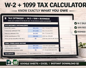Hoja de cálculo de impuestos para autónomos / Calculadora de impuestos y registro de deducciones / Organizador de impuestos para freelancers / Planificador de impuestos para pequeñas empresas / Herramienta de impuestos 1099