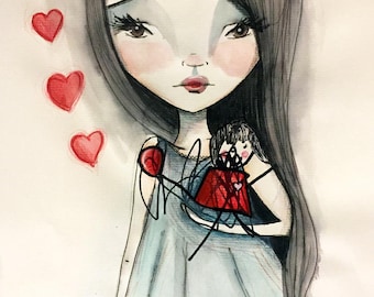 ACEO ATC Artist Trading Card - "In my Heart' - Mini Fine Art Print by Jessica von Braun - 2.5x3.5" - Print of ink Drawing - Mommy and Me Art