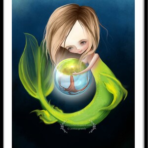 Fantasy Fine Art Print Arbor Little Mermaid Girl Art Print Little Mermaid and Tree 8x10 11x17 All Sizes Neon Green and blue image 3