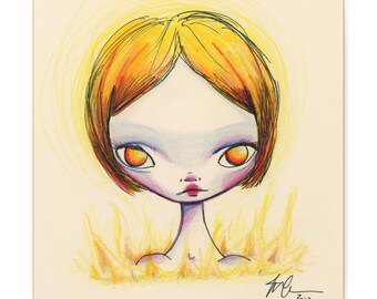 Fire Girl Print - Gallery Wrap Canvas print - Fine Art print by Jessica von Braun - Pop Lowbrow Art - Watercolor Big Eye Art - Blonde