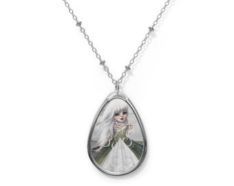 Jeanne - Oval Necklace - Pendant - Art by Jessica von Braun - Silver chain - Girl with the Ribbon
