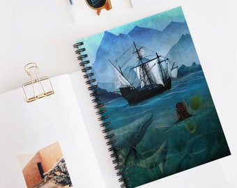 Little Mermaid and Ship Journal - Art by Jessica von Braun - Spiral Notebook - Ruled Line - Fairy Tale Fantasy Artwork