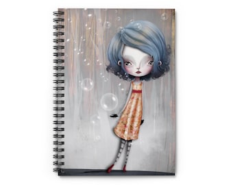 Girl 34 Watercolor Journal - Art by Jessica von Braun - Spiral Notebook - Ruled Line - Blue and grey girl in yellow flowers dress