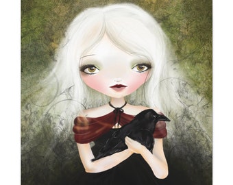 May include: A digital illustration of a young woman with long white hair, wearing a red and black dress, holding a black raven in her arms. The background is a green and brown abstract pattern.