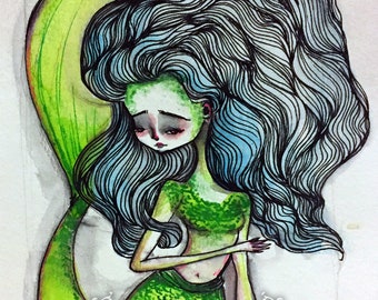 ACEO ATC Artist Trading Card - "Mermaid in Green and Blue' - Mini Fine Art Print by Jessica von Braun - 2.5x3.5" - Mermaid Art