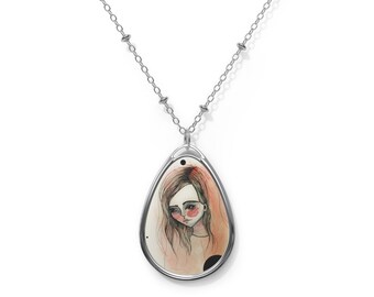 Lady - Oval Necklace - Pendant - Art by Jessica von Braun - Silver chain - Watercolor Art Necklace - Girl - Pink background black polka dots