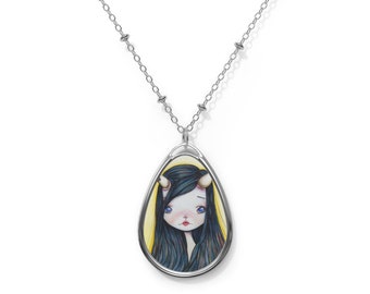 Lonely Girl - Oval Necklace - Pendant - Art by Jessica von Braun - Silver chain - Black and White yellow and blue