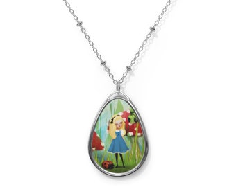 Alice and the Caterpillar - Oval Necklace - Pendant - Art by Jessica von Braun - Silver chain
