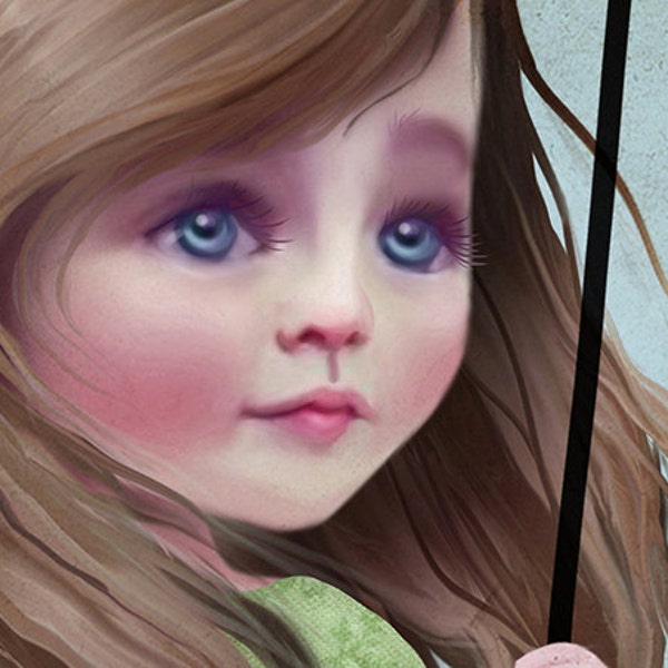 Fantasy Art Print 5x7 - "Willow" - Small Premium Hahnemuhle Giclee Fine Art Print - Nursery Art - Little girl swinging on the moon
