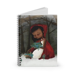 May include: A young girl with dark skin and long black hair wears a red hooded cloak and a white dress. She is holding a basket of blue flowers in a dark forest setting.