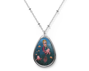 Ginger Mermaid Oval Necklace - Pendant - Art by Jessica von Braun - Silver chain -  Red Headed Mermaid with Pink Fins Holding a Pink Octopus