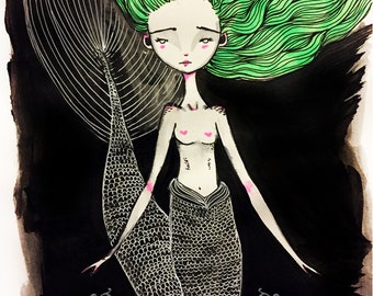 Mini fine Art Print ACEO/ATC - 'Little Mermaid in Green' - Artists Trading Card Sized Print - Lowbrow Artwork - Jessica von Braun