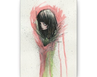 Flower Canvas Print - Gallery Wrap Canvas print - Lowbrow Fine Art - Jessica von Braun - Watercolor Darkling Girl / Pink, Green and Black