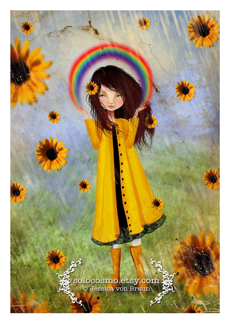 Small Sized Fine Art Print 'Babe Rainbow' Melanie Safka inspired art 5x7 Print Sunflowers Rainbows Nursery Room Art image 1