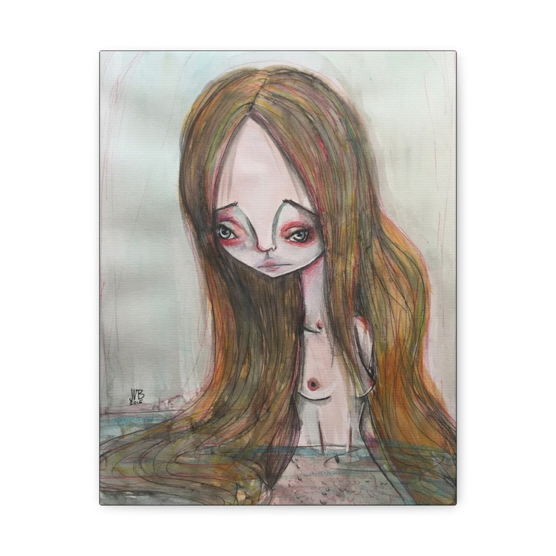 Mermaid Canvas Print Gallery Wrap Canvas Lowbrow Fine Art print by Jessica von Braun Watercolor Siren Art 11″ x 14″