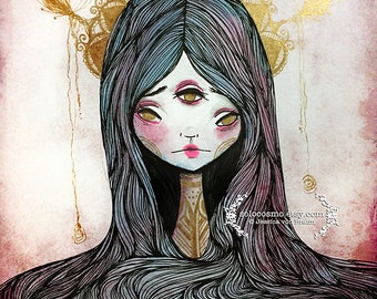 Art Print 'Star Child' Medium 11x17  LARGE Sized print - Third eye - pop art - lowbrow art - Star princess - star queen - gold pink