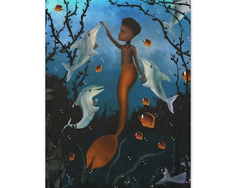 Golden Merman - Fantasy Gallery Wrap Canvas print - Fine Art print by Jessica von Braun - Pop Lowbrow Art - Canvas  - Merboy Art