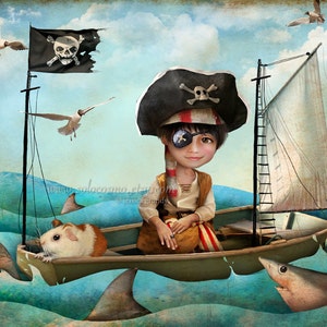 Little Pirate Boy Art Print -"Diego" - 8x10 - Multiple Sizes Child's Room Fantasy Artwork - Nautical Theme - Sailor Boy and Shark - Blue