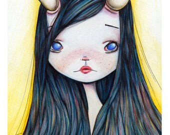 5x7 Art Print - 'Lonely Girl' - Premium Giclee Fine Art Print Small Sized - little girl with broken horn - Jessica von Braun