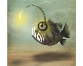 Mr. Fishy on his own Gallery Wrap Canvas print - Fine Art print by Jessica von Braun - Pop Lowbrow Art - Professional Canvas - Angler Fish