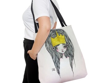 Crowned Princess - Tote Bag - By Jessica von Braun - Three Sizes - watercolor art - Gold black and white