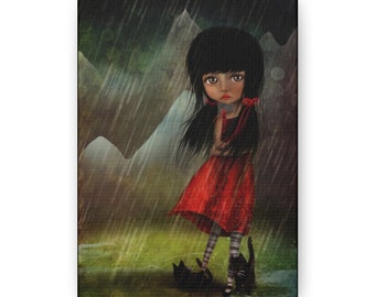 The Storm Canvas Print - Gallery Wrap Canvas print - Fine Art print by Jessica von Braun - Pop Lowbrow Art - Girl in the Rain - Kittens